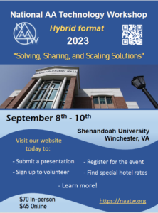 Hybrid Event:  2023 National A.A. Technology Workshop @ Shenandoah University, Winchester, VA