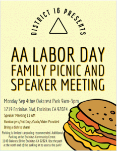 District 16 hosts an AA Labor Day family picnic and meeting @ Oakcrest Park